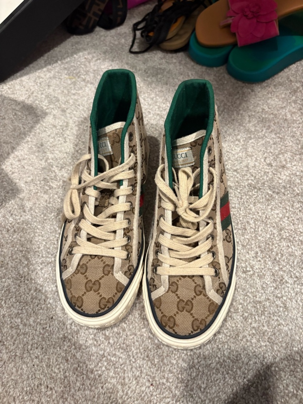 Gucci Beige GG Canvas High-Top Sneakers with Green & Red Stripe
